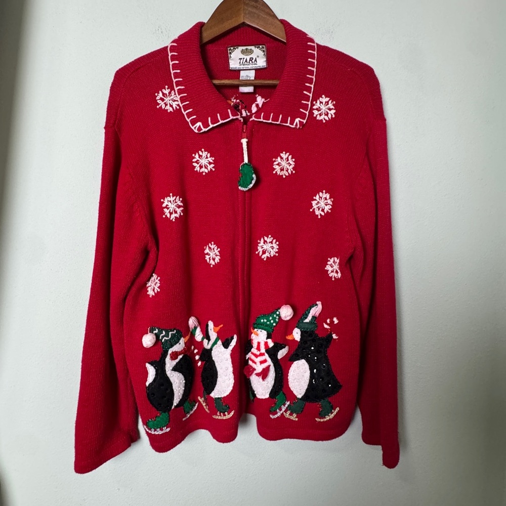 Vintage 80s 90s Ugly Christmas Cardigan Sweater Beaded‎ Penguin Embroidered XL